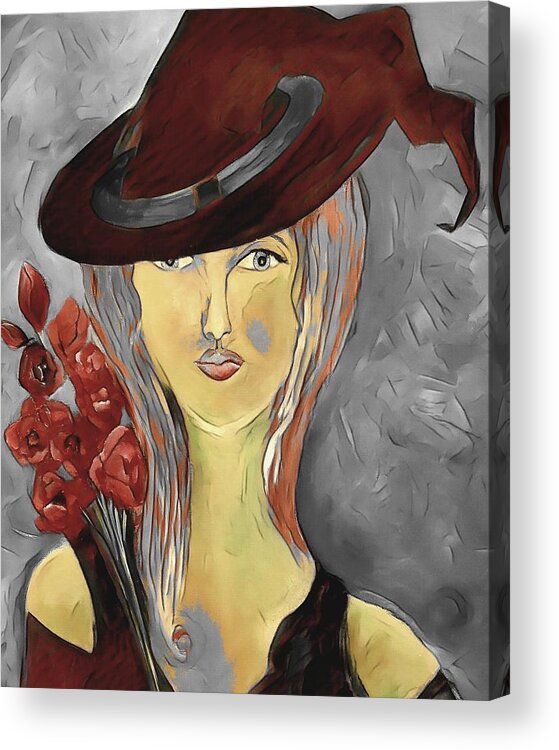 Cute Acrylic Print featuring the digital art Her Hat Becomes Her Painting by Lisa Kaiser