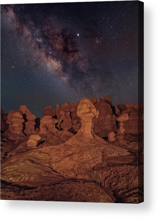 Goblin Valley State Park Acrylic Print featuring the photograph Hoodoos Under the Milky Way by Hal Mitzenmacher