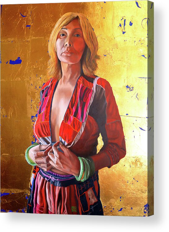 Hmong Woman Acrylic Print featuring the painting Jade Lady Life on the Edge by Thu Nguyen