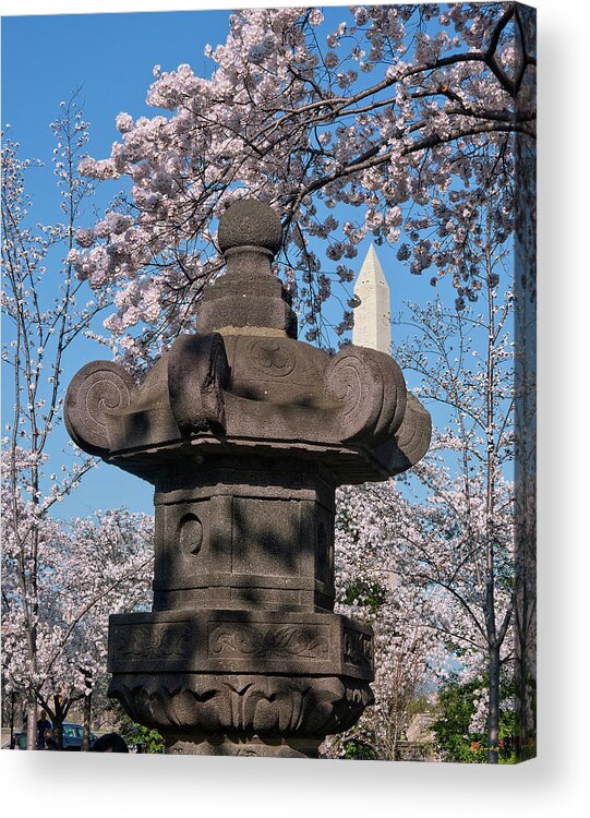 Washington D.c. Acrylic Print featuring the photograph Japanese Stone Lantern and the Washington Monument DS057 by Gerry Gantt