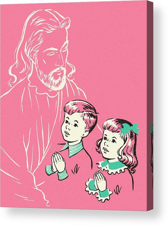 Adult Acrylic Print featuring the drawing Jesus Looking at Two Praying Children by CSA Images