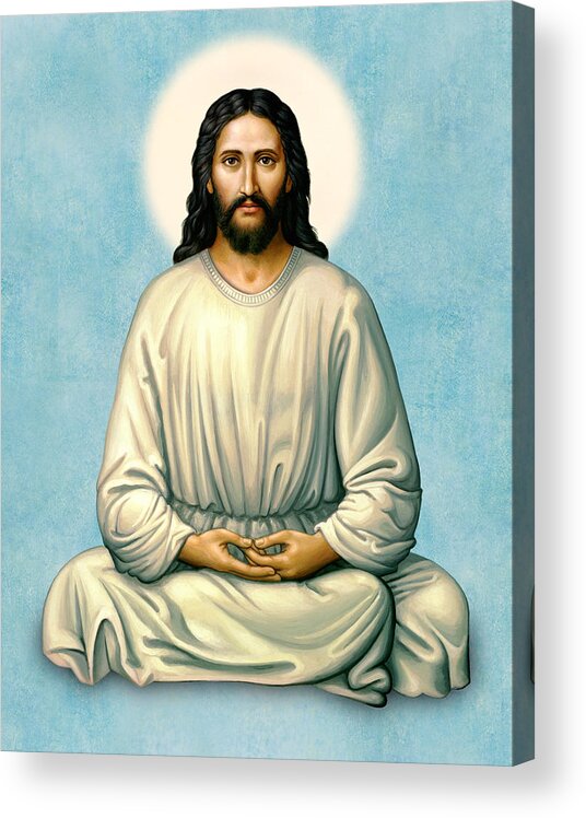 Jesus Acrylic Print featuring the painting Jesus Meditating - The Christ of India - on Blue by Sacred Visions