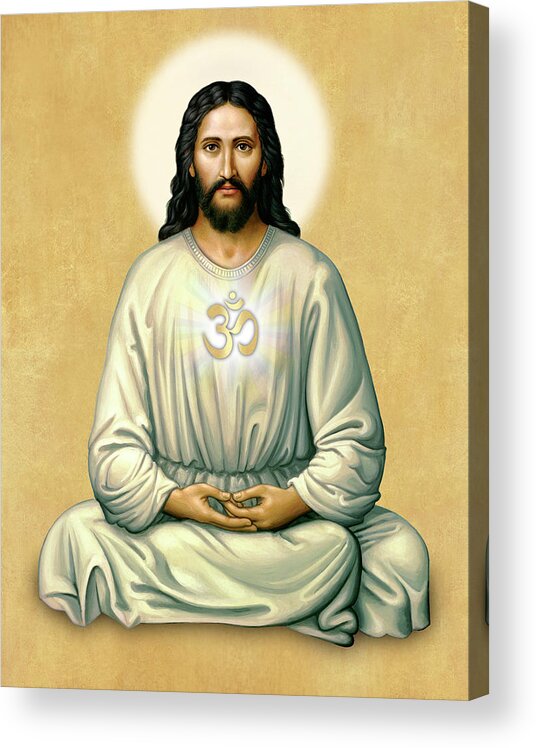 Jesus Acrylic Print featuring the painting Jesus Meditating - The Christ Of India - on Gold with OM by Sacred Visions