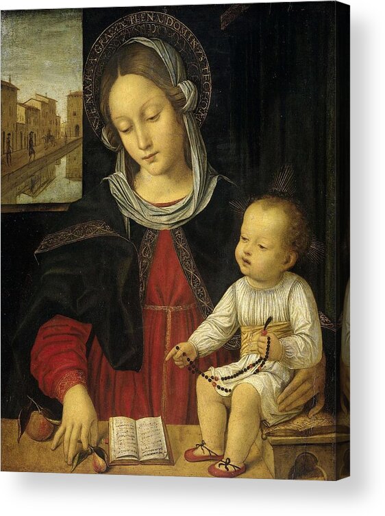 Borgognone Acrylic Print featuring the painting Madonna and Child. by Borgognone