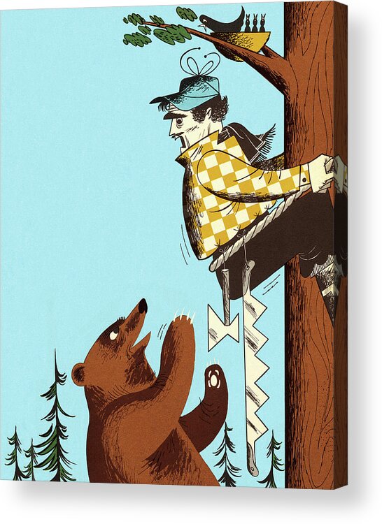 Adventure Acrylic Print featuring the drawing Man Climbing up Tree to Get Away From Bear by CSA Images