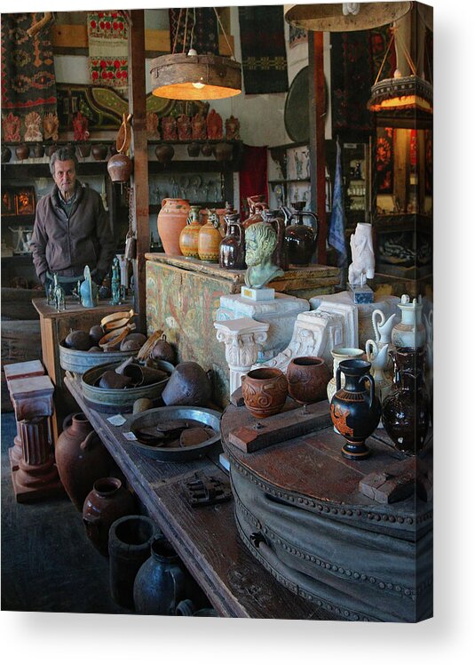 Greece Acrylic Print featuring the photograph Man in Shop in Delphi by M Kathleen Warren