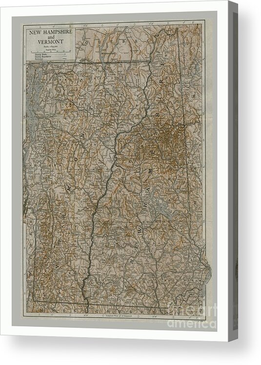 New England Acrylic Print featuring the drawing Map Of New Hampshire And Vermont by Print Collector