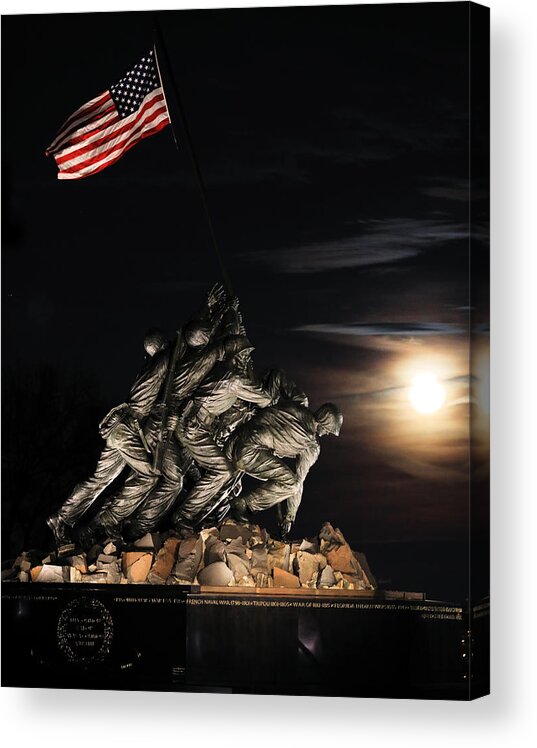 Moon Acrylic Print featuring the photograph Marine Corps Iwo Jima Memorial at Moonrise by Steve Ember