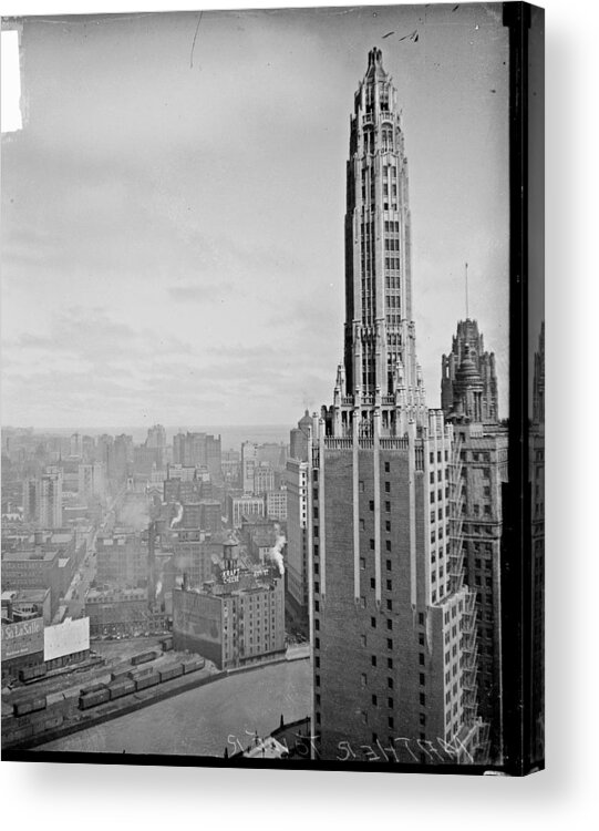 Chicago River Acrylic Print featuring the photograph Mather Tower & Chicago Skyline by Chicago History Museum