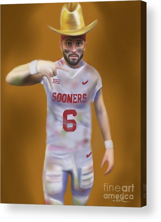 Baker Mayfield Acrylic Print featuring the painting Mayfield Horns Down by Jack Bunds