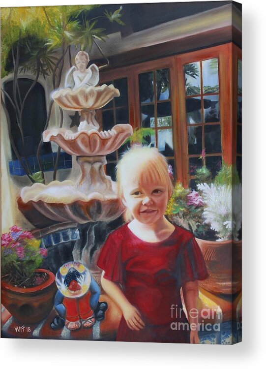 Child Painting Acrylic Print featuring the painting Melody by the Fountain by Wendi Tooth