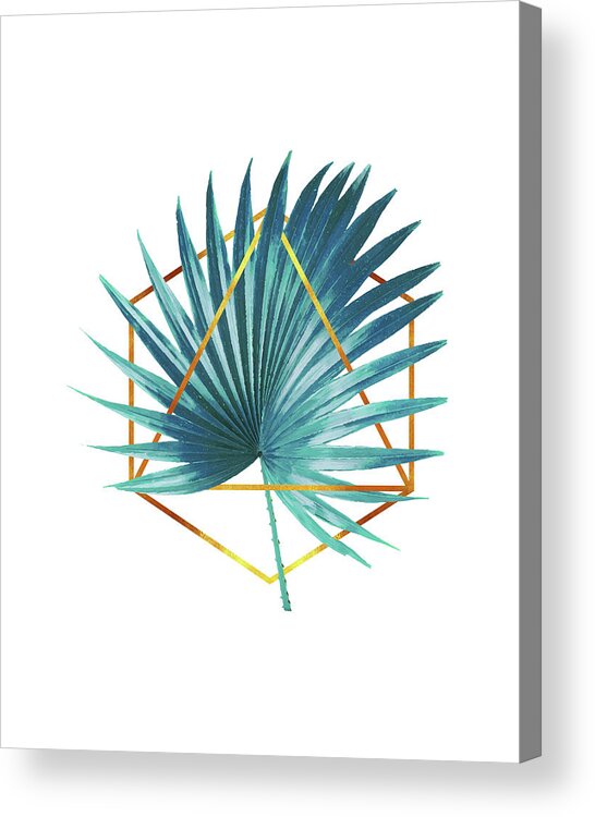Tropical Palm Leaf Acrylic Print featuring the mixed media Minimal Tropical Palm Leaf - Palm and Gold - Gold Geometric Shape - Modern Tropical Wall Art - Blue by Studio Grafiikka