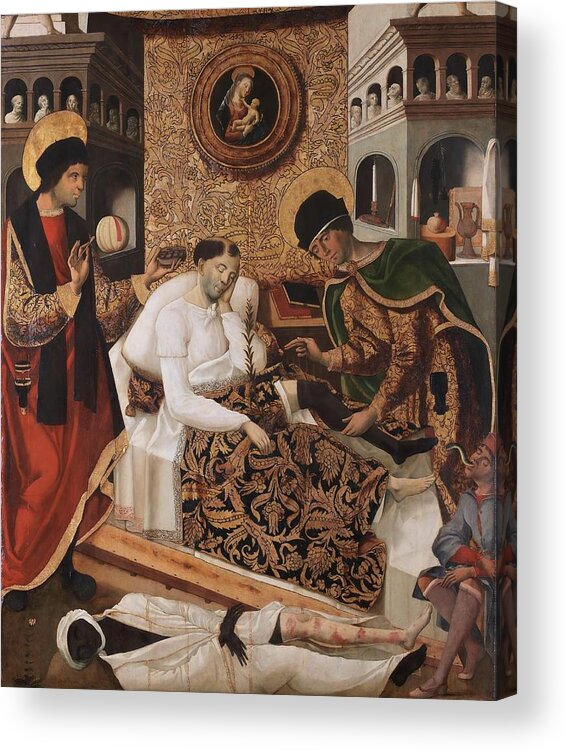 Fernando Del Rincon Acrylic Print featuring the painting 'Miracles of the Doctor Saints Cosmas and Damian'. Ca. 1510. Oil on panel. by Fernando del Rincon de Figueroa -fl 1491-1525-