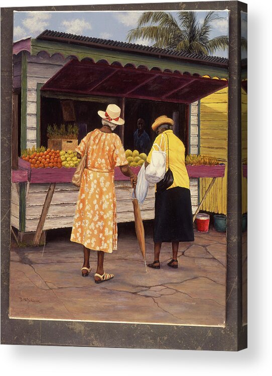 Two African American Women At The Fruit Stand. Acrylic Print featuring the painting Miss Crystal And Pearl by Bill Makinson