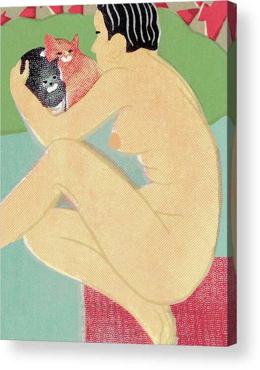 Adult Acrylic Print featuring the drawing Nude Woman With Two Cats by CSA Images