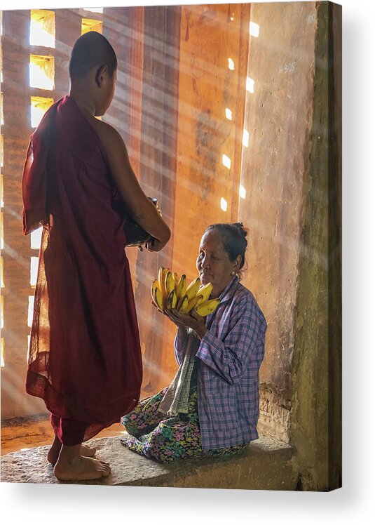 Boy Acrylic Print featuring the photograph offering to young Buddhist monk by Ann Moore