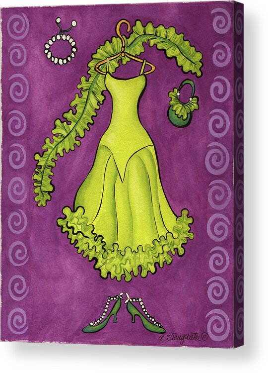 Paris Gowns Lime Green Ruffled Acrylic Print featuring the painting Paris Gowns Lime Green Ruffled by Andrea Strongwater