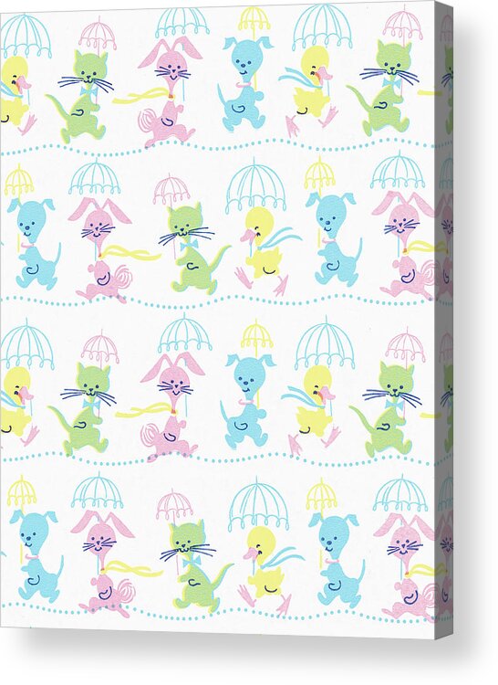 Animal Acrylic Print featuring the drawing Pattern of Young Animals Carrying Umbrellas by CSA Images