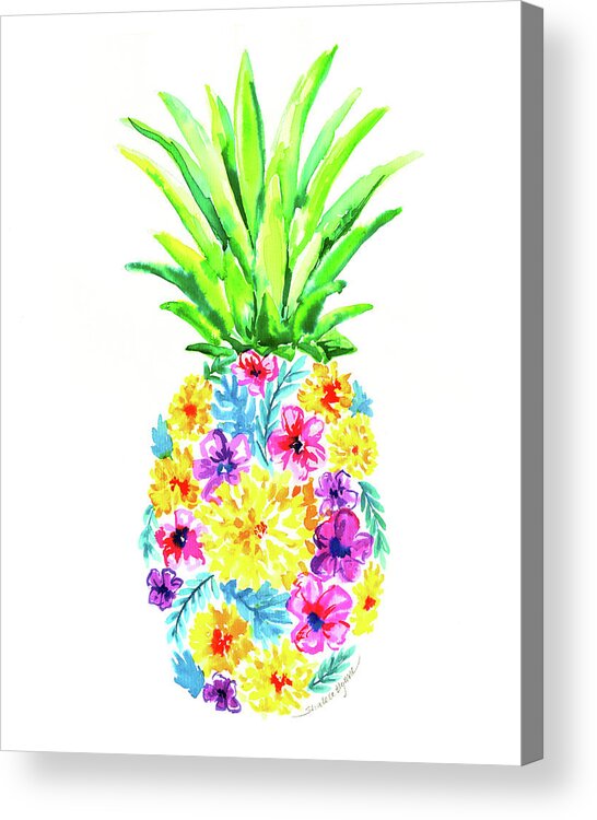 Watercolor Acrylic Print featuring the painting Pineapple Floral by Shalece Elynne