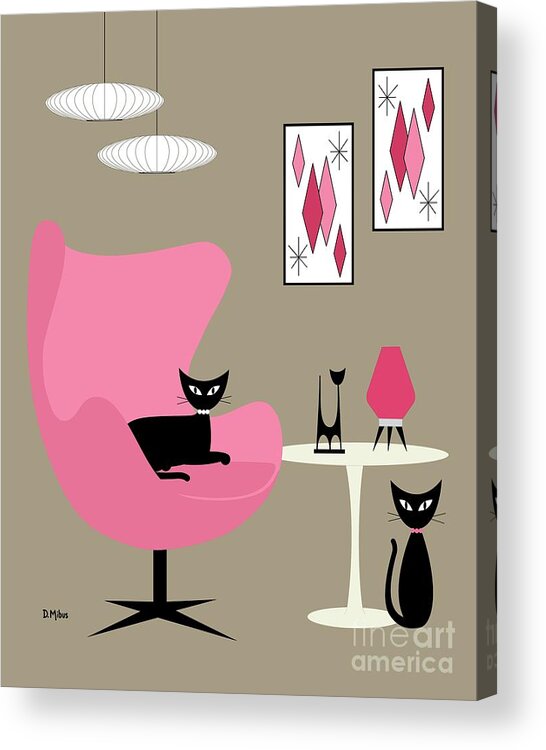 Mid Century Modern Acrylic Print featuring the digital art Pink Egg Chair with Cats by Donna Mibus