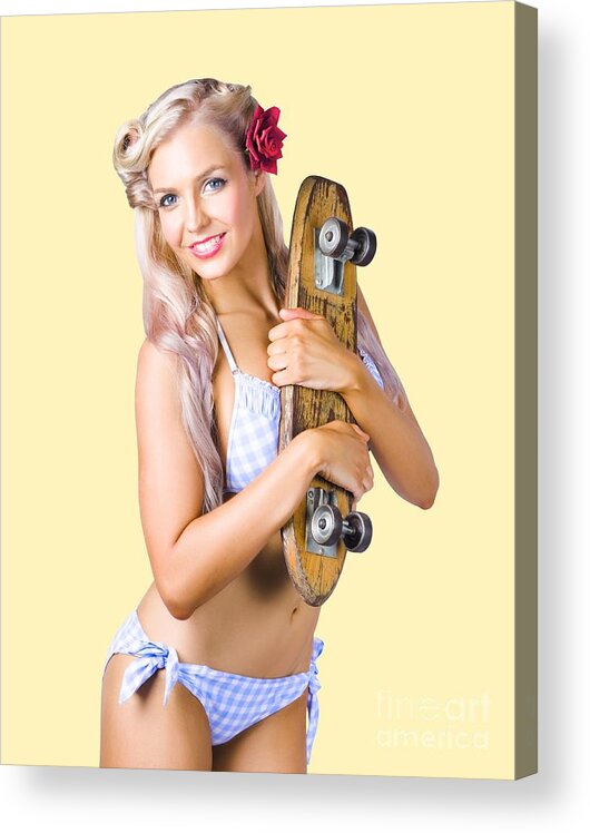 Skate Acrylic Print featuring the photograph Pinup woman in bikini holding skateboard by Jorgo Photography