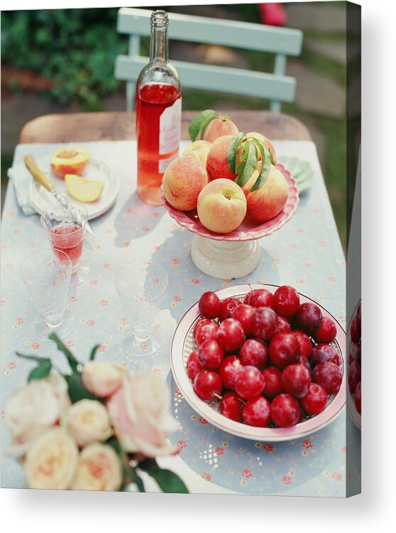 Plum Acrylic Print featuring the photograph Plums, Peaches, Wine And Flowers On A by Victoria Pearson