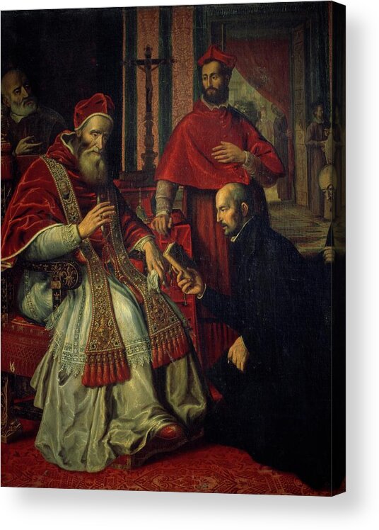 Ignatius Of Loyola Acrylic Print featuring the painting Pope Paul III -Alexander Farnese- -1468-1549- receives rule book of Jesuit order from St. Ignatiu... by Album