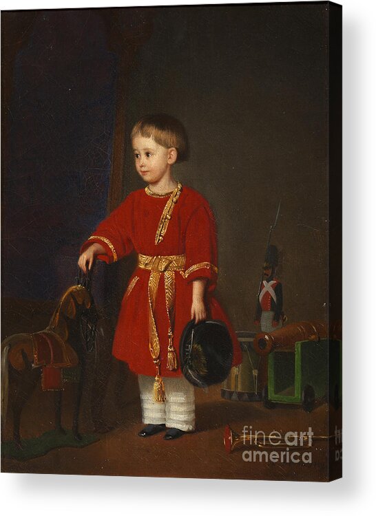 Oil Painting Acrylic Print featuring the drawing Portrait Of A Boy In A Red Dress by Heritage Images