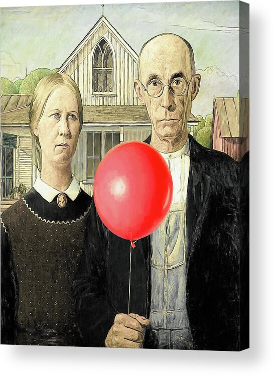 Balloon Acrylic Print featuring the digital art Red Balloon Does American Gothic by John Haldane