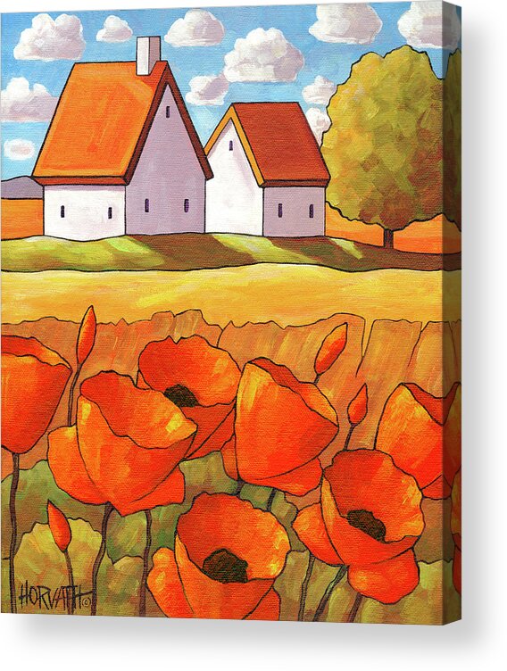 Red Flower Fields Landscape Acrylic Print featuring the painting Red Flower Fields Landscape by Cathy Horvath-buchanan