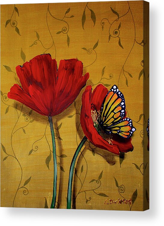 Red Poppies Acrylic Print featuring the painting Red Poppies With Yellow Butterfly by Cherie Roe Dirksen