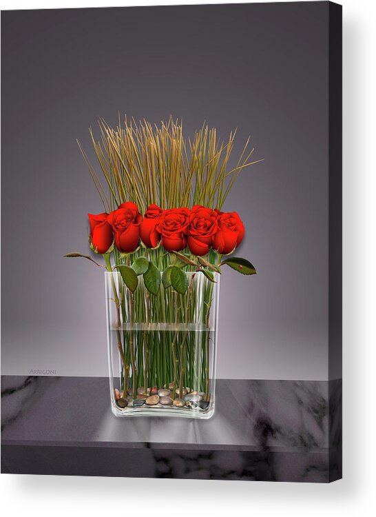 Red Roses Acrylic Print featuring the painting Red Roses in Vase by David Arrigoni