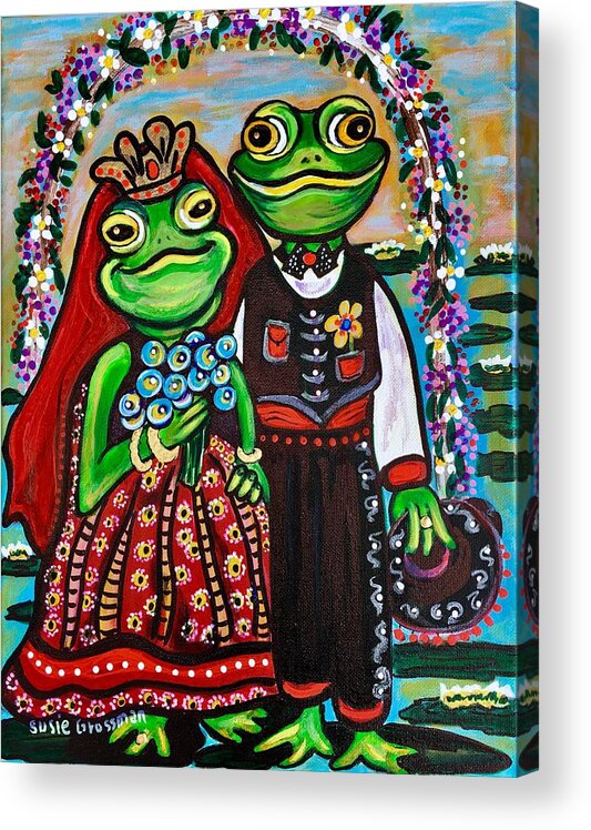 Frogs/marriage/vows/wedding/ Lily Pond/ Mariachi Texas/mexico Acrylic Print featuring the painting Renewal of Vows by Susie Grossman