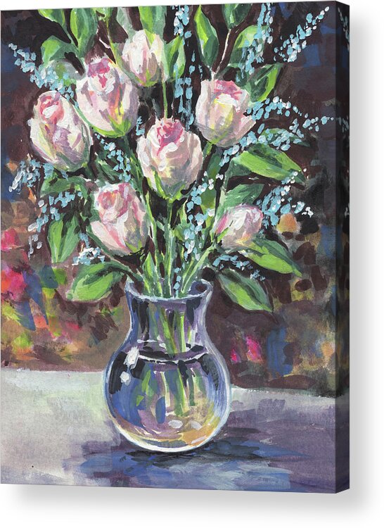 Rose Acrylic Print featuring the painting Roses Bouquet In Glass Vase Floral Impressionism by Irina Sztukowski