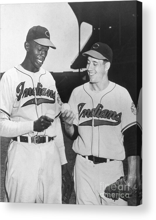 American League Baseball Acrylic Print featuring the photograph Satchel Paige Bob Feller Comparing by Transcendental Graphics