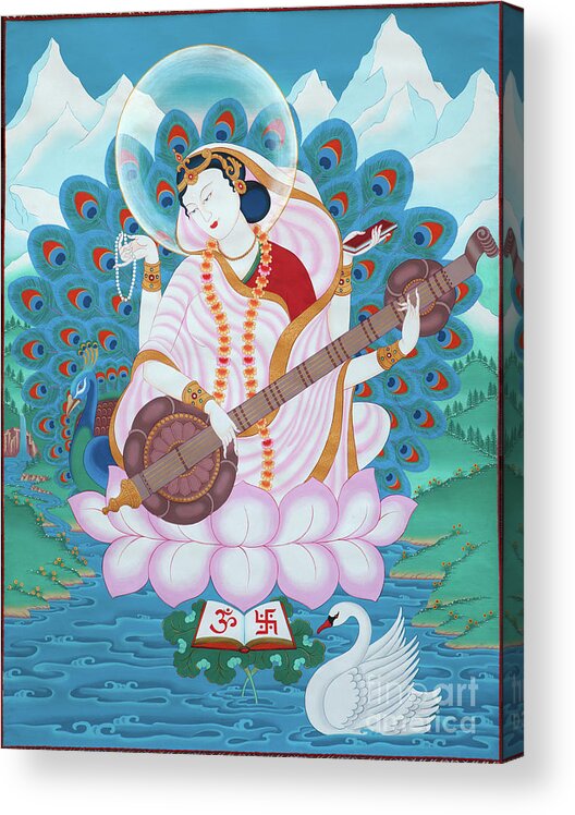 Thangka Acrylic Print featuring the painting Shri Sarasvati by Sergey Noskov
