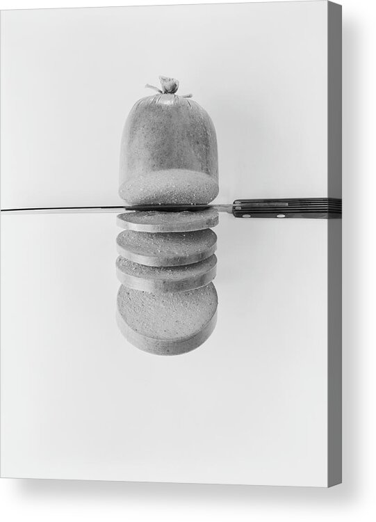 White Background Acrylic Print featuring the photograph Slices Of Sausage With Knife, Close-up by Tom Kelley Archive