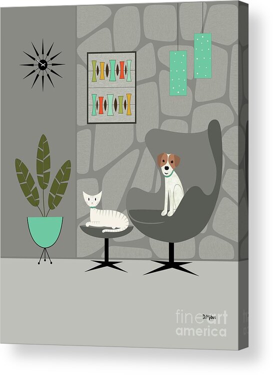 Mid Century Modern Acrylic Print featuring the digital art Stone Wall with Dog and Cat by Donna Mibus