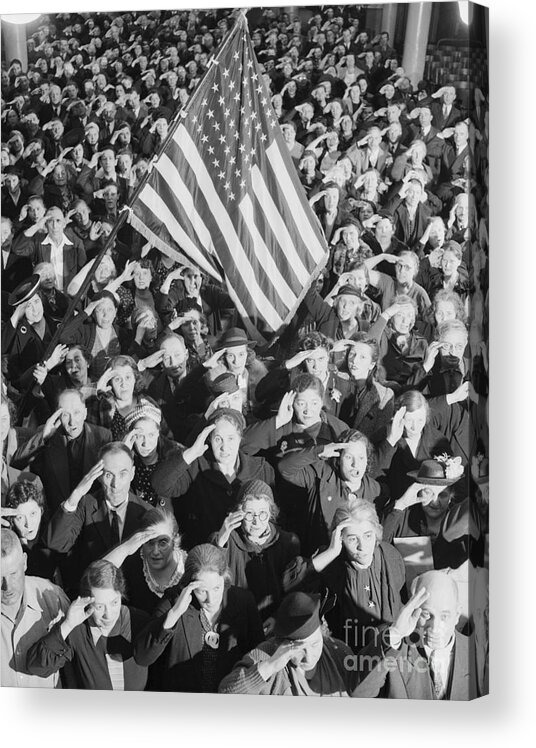 Crowd Of People Acrylic Print featuring the photograph Students Saluting Under American Flag by Bettmann