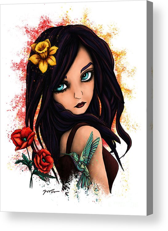 Summer Acrylic Print featuring the painting Anime girl semi-realistic portrait, woman with humminbird by Nadia CHEVREL