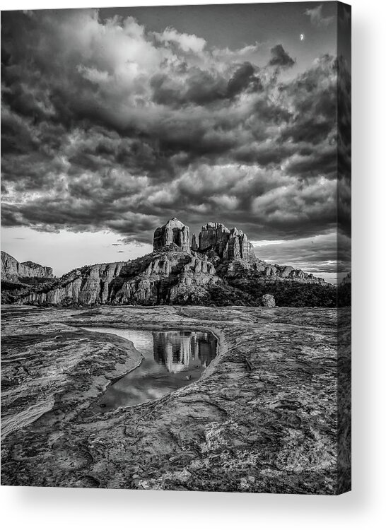 Red Rock Acrylic Print featuring the photograph Sunset Light on Cathedral Rock, B and W by William Christiansen