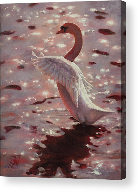 Swan Acrylic Print featuring the painting Pink Sunset Swan by Lynne Pittard