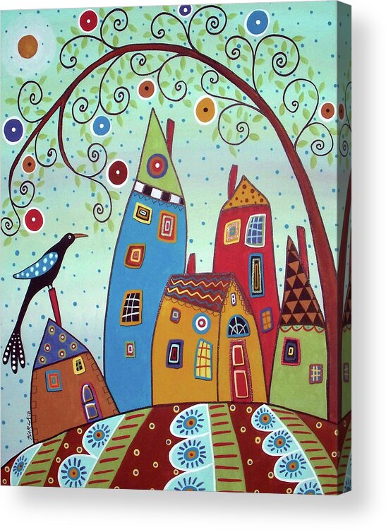 Tree Acrylic Print featuring the painting Swirl Tree Bird & Houses by Karla Gerard