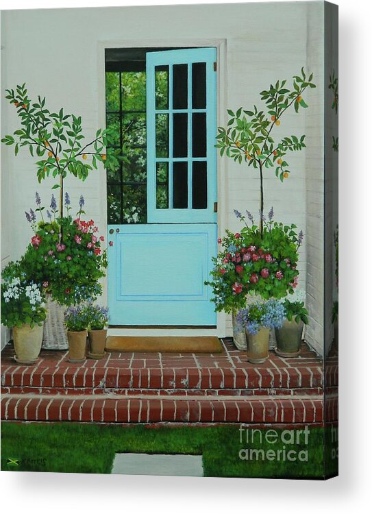 Tropical Landscape Acrylic Print featuring the painting The Blue Door by Kenneth Harris