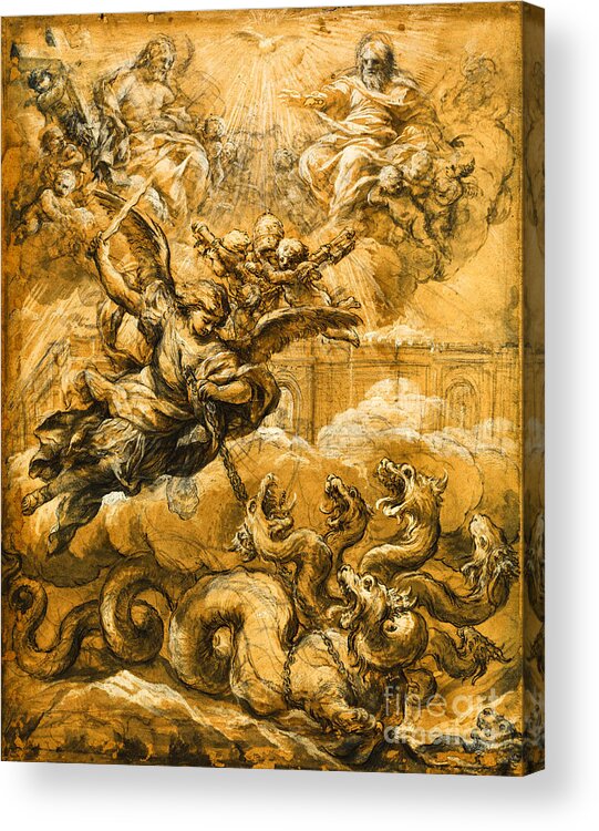 Pietro Da Cortona Acrylic Print featuring the painting The Holy Trinity with Saint Michael Conquering the Dragon by Peter Ogden