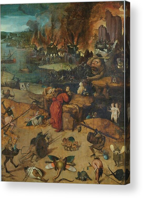 Hieronymus Bosch Acrylic Print featuring the painting 'The Temptations of Saint Anthony'. 1550 - 1560. Oil on oak panel. by Hieronymus Bosch -c 1450-1516-