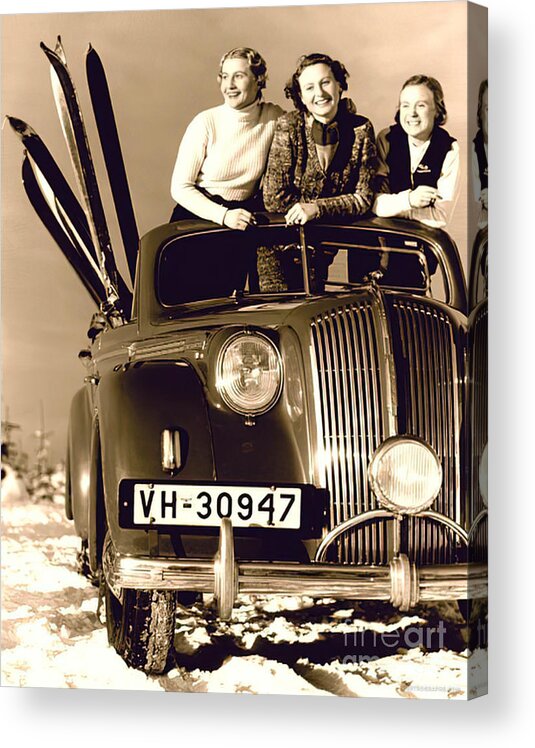 Vintage Acrylic Print featuring the photograph Three Fashion Models With 1940s Vehicle And Skis by Retrographs