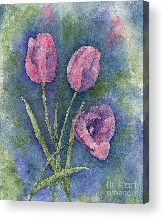 Tulips Acrylic Print featuring the painting Three Pink Tulips 2 by Conni Schaftenaar