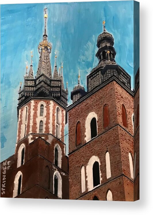 Towers Of St. Mary's Basilica Acrylic Print featuring the painting Towers of St. Mary's Basilica, Krakow, Poland by Gary Springer