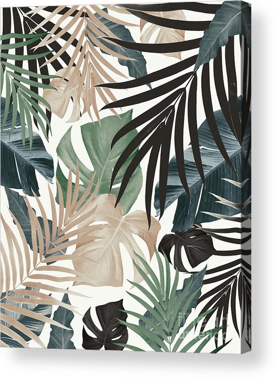 Color Collage Nature Botanical Tropical-leaves Beach-vibes Cali-vibes Monstera-palm Banana Home-decor Interior-decor Tropical-jungle Jungle-vibes Palm-tree-leaves Green-blue-tan Leaf Greenery Tropical-vibes Beige-black Sage-cactus-green Acrylic Print featuring the mixed media Tropical Jungle Leaves Pattern #13 Fall Colors #tropical #decor #art by Anitas and Bellas Art